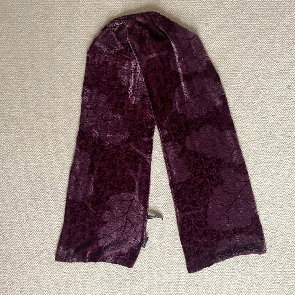 Silk velvet burn-out scarf in plum purple with floral/leaf print whimsical